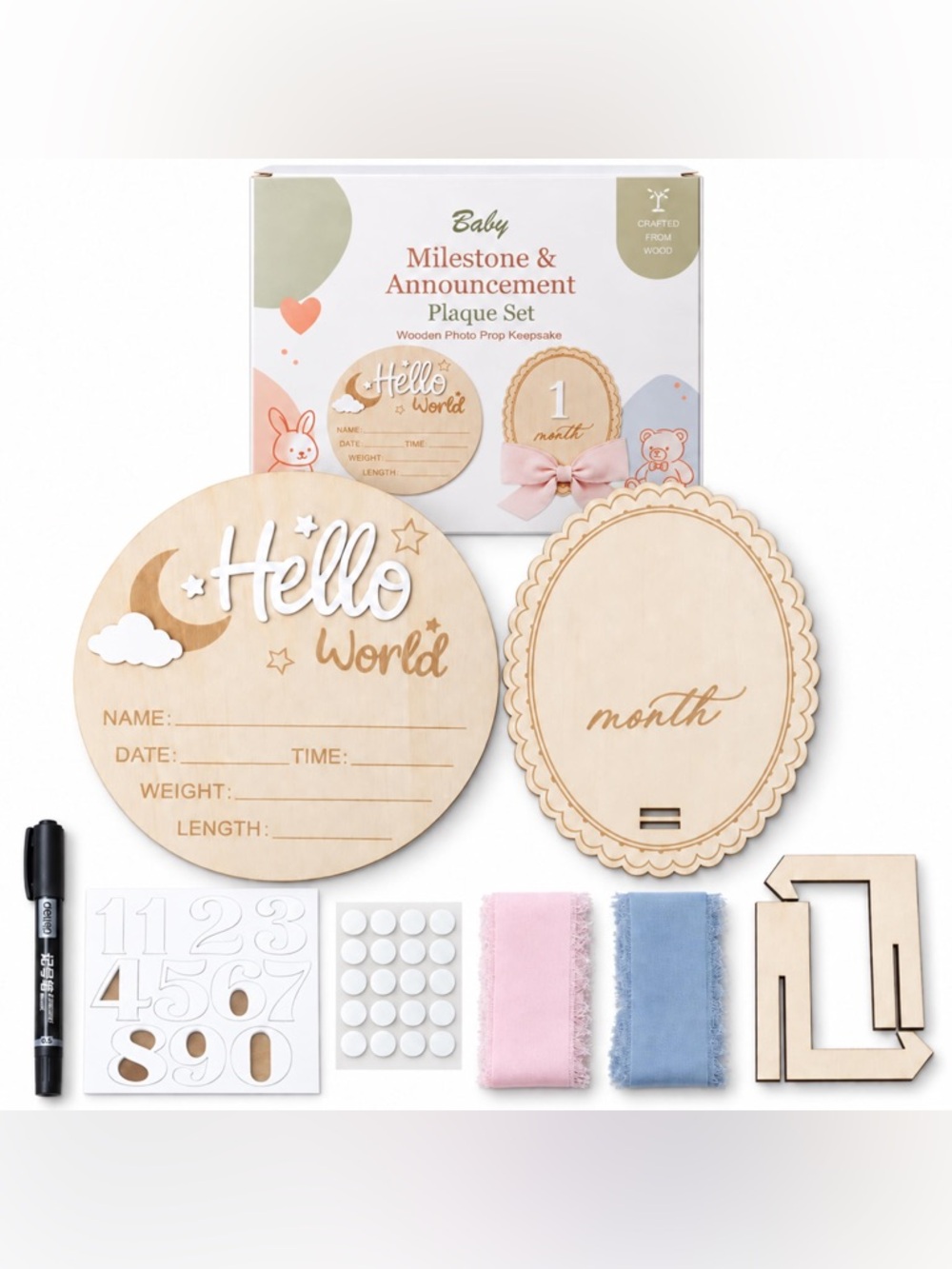 Baby Milestone & Announcement Plaque Set - Natural Wood